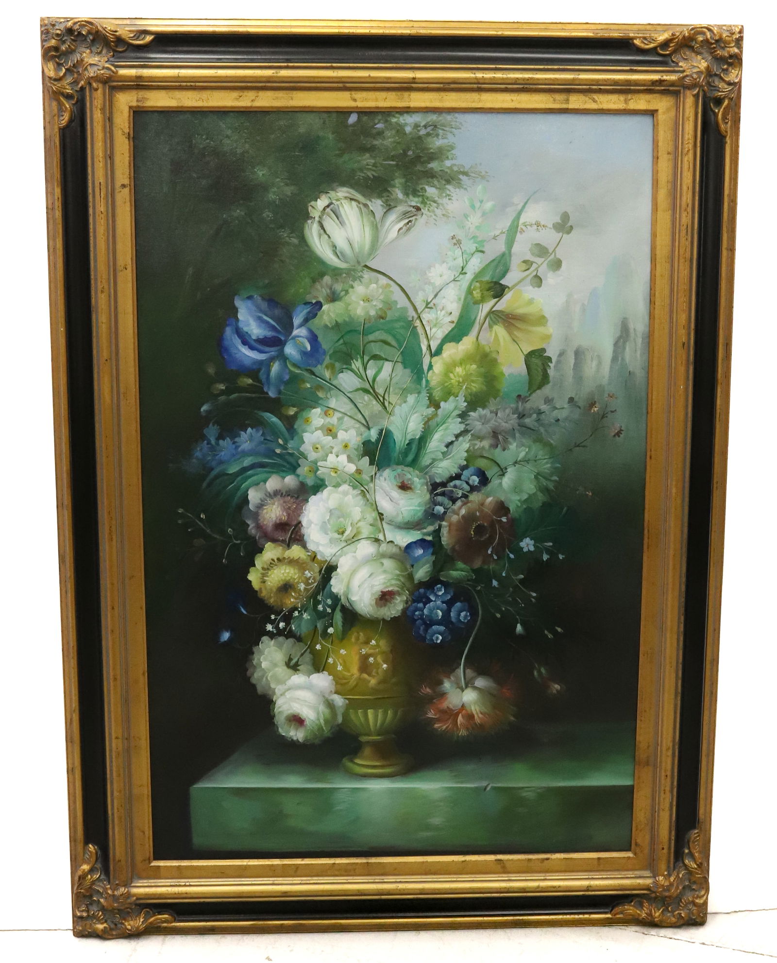 LARGE FLORAL BOUQUET OIL ON CANVAS: COLORFUL FLOWERS IN PEDESTAL URN. UNSIGNED. BLACK/GOLD FRAME. 43 1/2" X 31 1/2". PLEASE READ CAREFULLY - Terms for Purchasing and Shipping of Auction Items. Please read carefully before bidding. All p