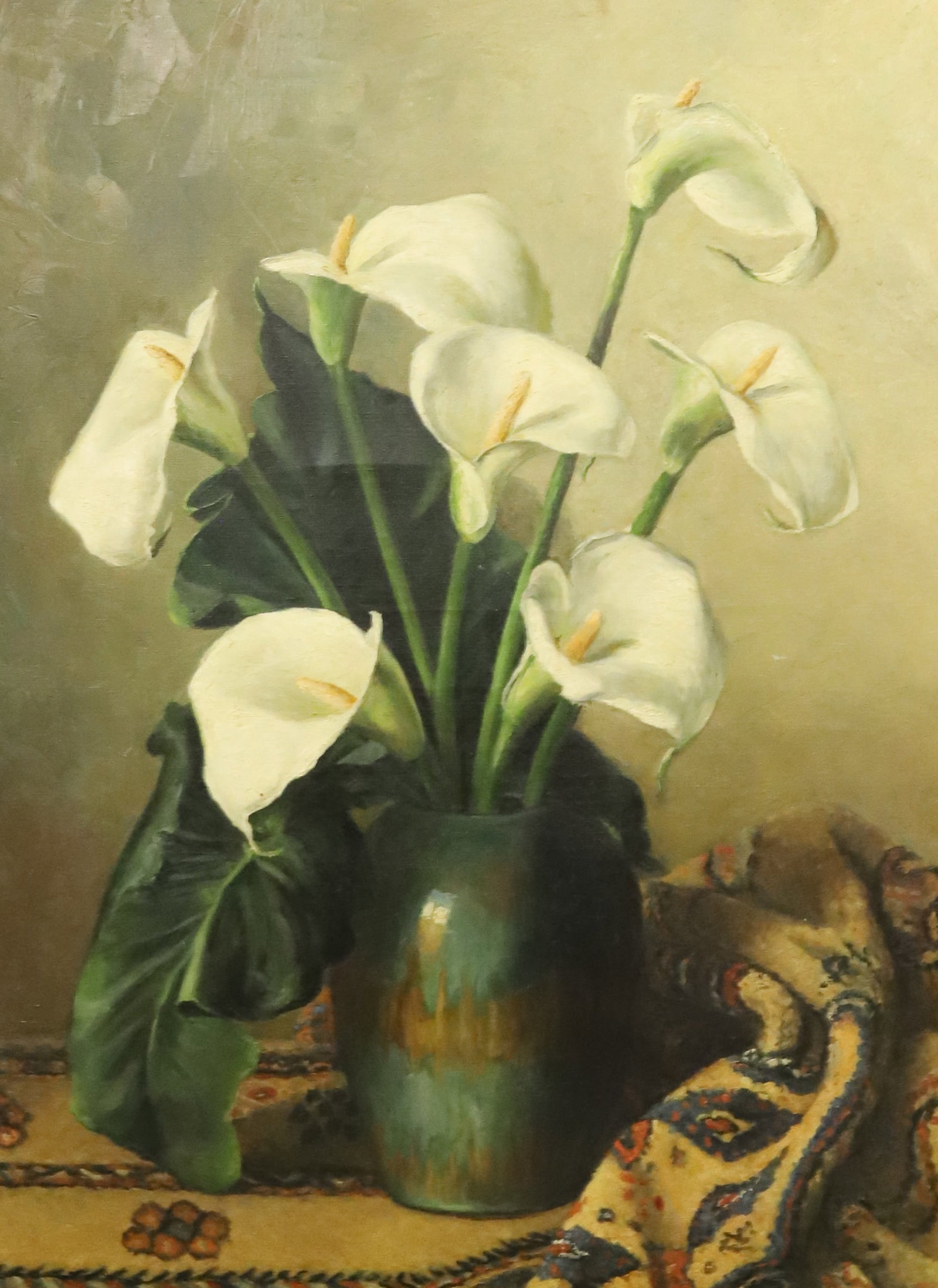 R.W. WEYERS OIL ON CANVAS: CALLA LILIES IN VASE ON WOVEN RUG. SGND. BOTTOM LEFT. FRAMED. SIGHT VIEW 35 1/4" X 27". PLEASE READ CAREFULLY - Terms for Purchasing and Shipping of Auction Items. Please read carefully before bidding