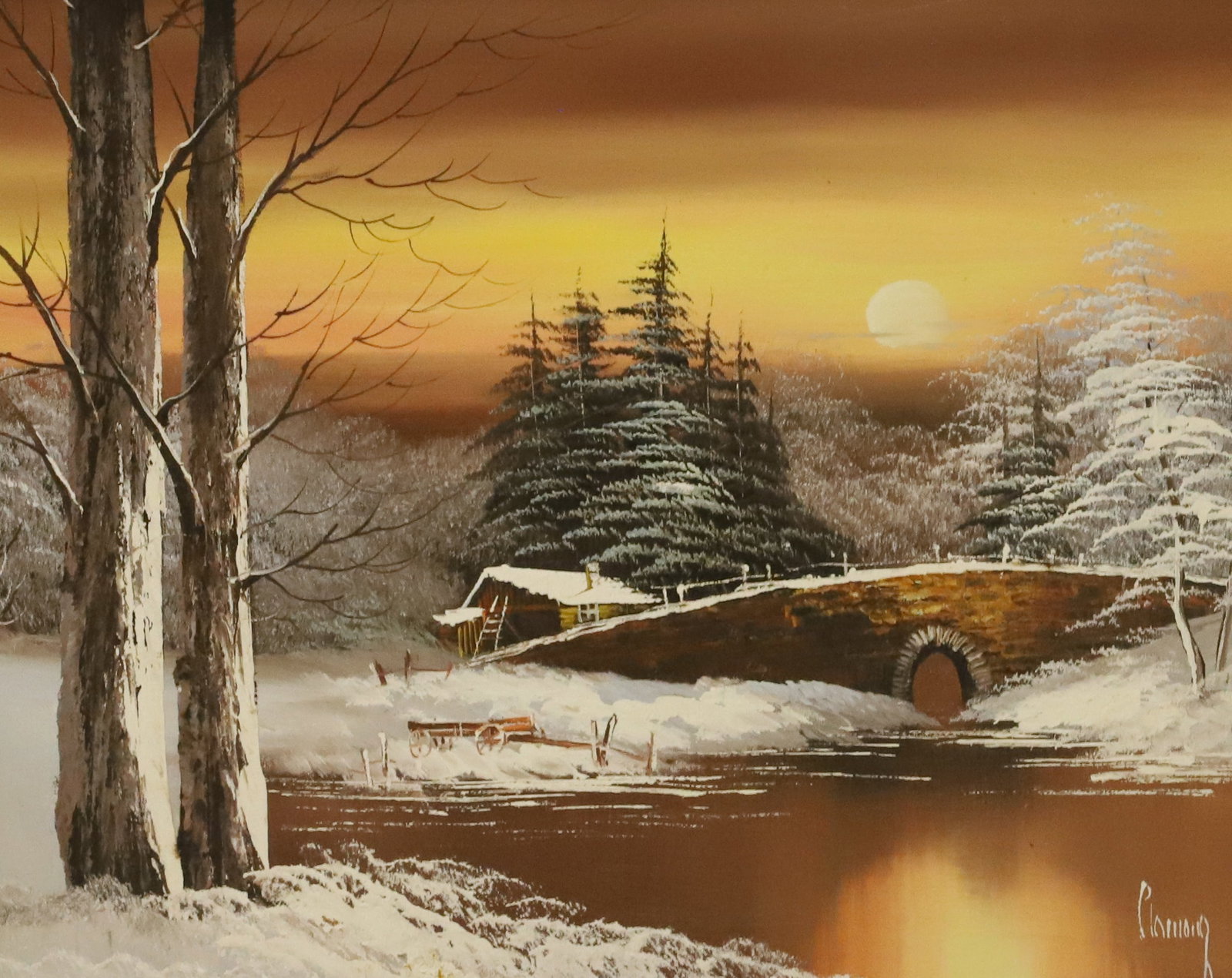 OIL ON CANVAS, WINTER SCENE: STONE BRIDGE, SNOW COVERING WITH SUN SETTING IN BACKGROUND. SGND. BOTTOM RIGHT. FRAMED. TOTAL SIZE 21 3/4" X 25 3/4". PLEASE READ CAREFULLY - Terms for Purchasing and Shipping of Auction Items. Please