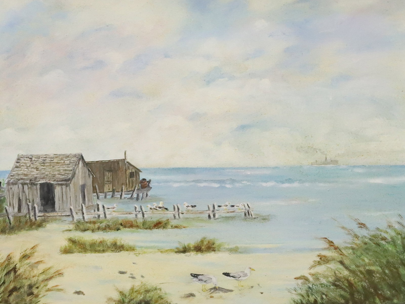 OIL ON CANVAS, COASTAL SCENE: TWO COASTAL SHACKS WITH SEAGULLS ON BEACH. SHIP IN DISTANCE. SGND. M. DUVAL BOTTOM RIGHT. TOTAL SIZE 22 1/2" X 28 1/2". PLEASE READ CAREFULLY - Terms for Purchasing and Shipping of Auction Items. Plea