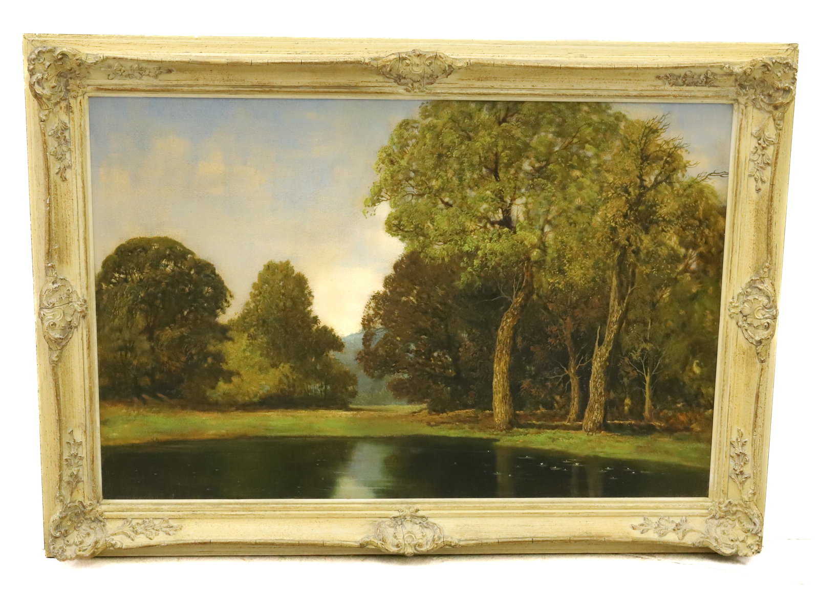 DAVID MEAD, PRINT ON BOARD: FRAMED POND SCENE. TREES SURROUND POND WITH FOREST IN DISTANCE. MRKD. ON BACK. TOTAL SIZE 24 3/4" X 35". PLEASE READ CAREFULLY - Terms for Purchasing and Shipping of Auction Items. Please read careful