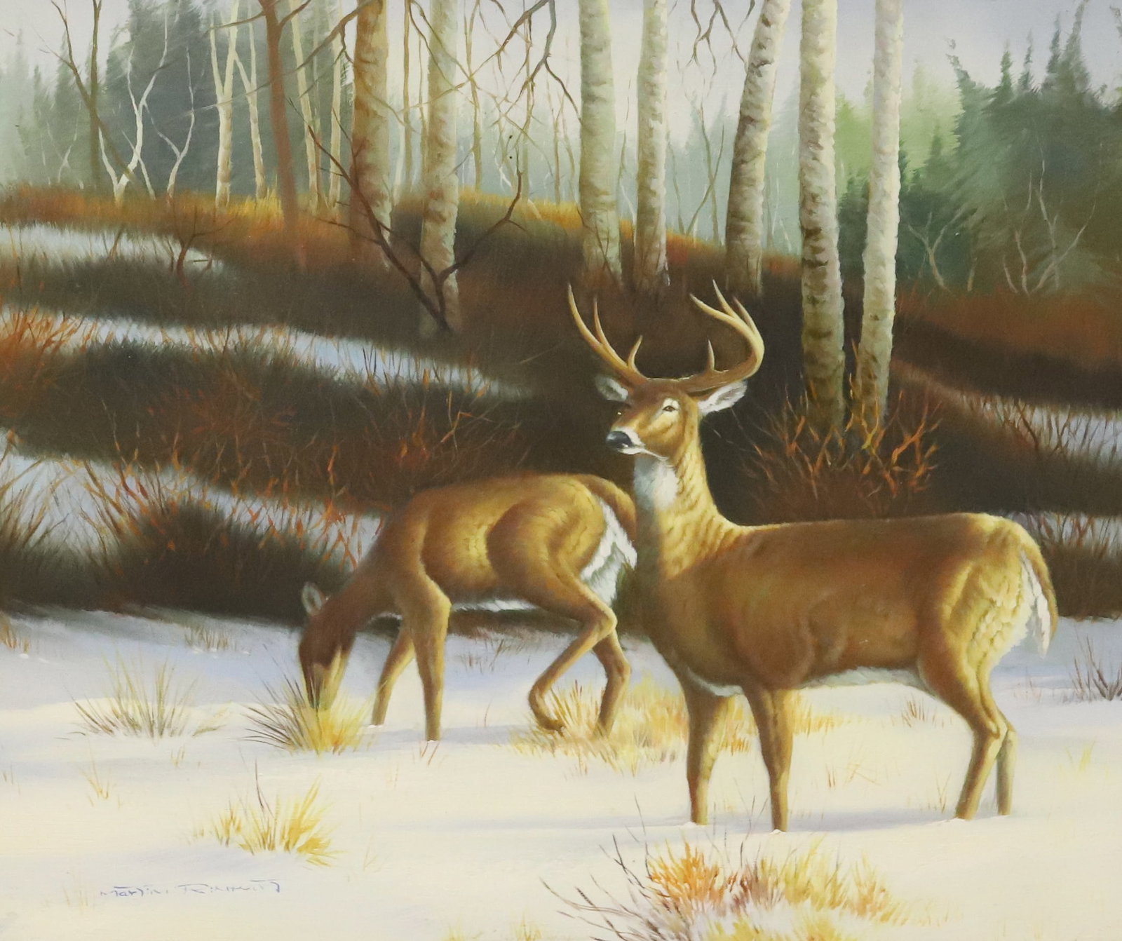 OIL ON CANVAS, WINTER SCENE WITH DEER: SGND. BOTTOM LEFT. FRAMED. TOTAL SIZE 25" X 28 3/4". PLEASE READ CAREFULLY - Terms for Purchasing and Shipping of Auction Items. Please read carefully before bidding. All payments for purchases will b