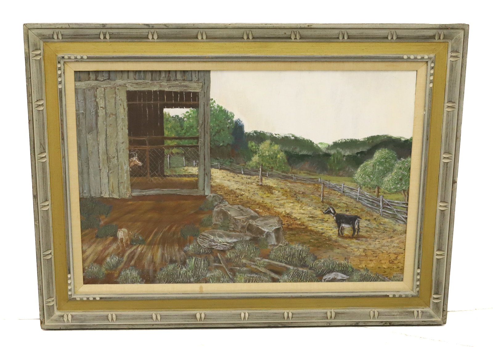 R.A. FRAZIER OIL ON CANVAS: COUNTRY GOAT SCENE. SGND/DATED 75 BOTTOM LEFT. FRAMED. TOTAL SIZE 27 3/4" X 37 1/2". PLEASE READ CAREFULLY - Terms for Purchasing and Shipping of Auction Items. Please read carefully before bidding. A