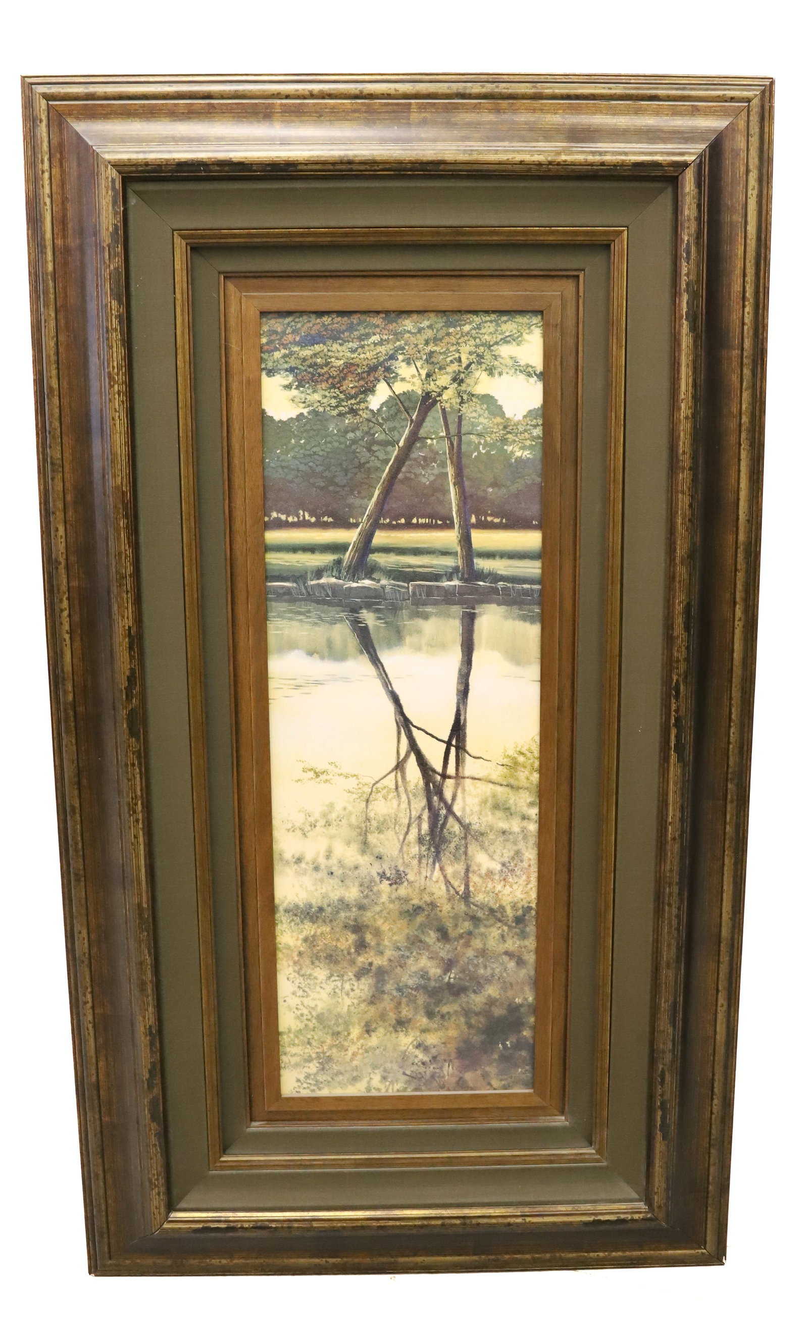 LARGE DECORATIVE LANDSCAPE: TREES REFLECTING IN POND. LARGE LAYERED FRAME. 57" X 32". PLEASE READ CAREFULLY - Terms for Purchasing and Shipping of Auction Items. Please read carefully before bidding. All payments for purchases w