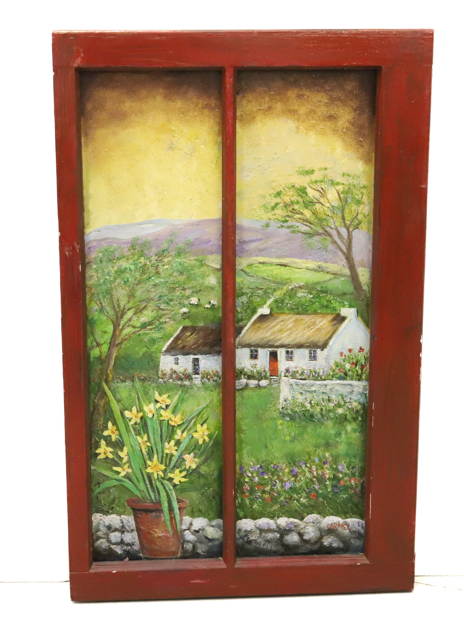 OIL ON BOARD, WINDOW FRAME: SUMMER COTTAGE SCENE SGND. CARMEL. RED PAINTED WINDOW FRAME. 32" X 19 3/4". PLEASE READ CAREFULLY - Terms for Purchasing and Shipping of Auction Items. Please read carefully before bidding. All paymen