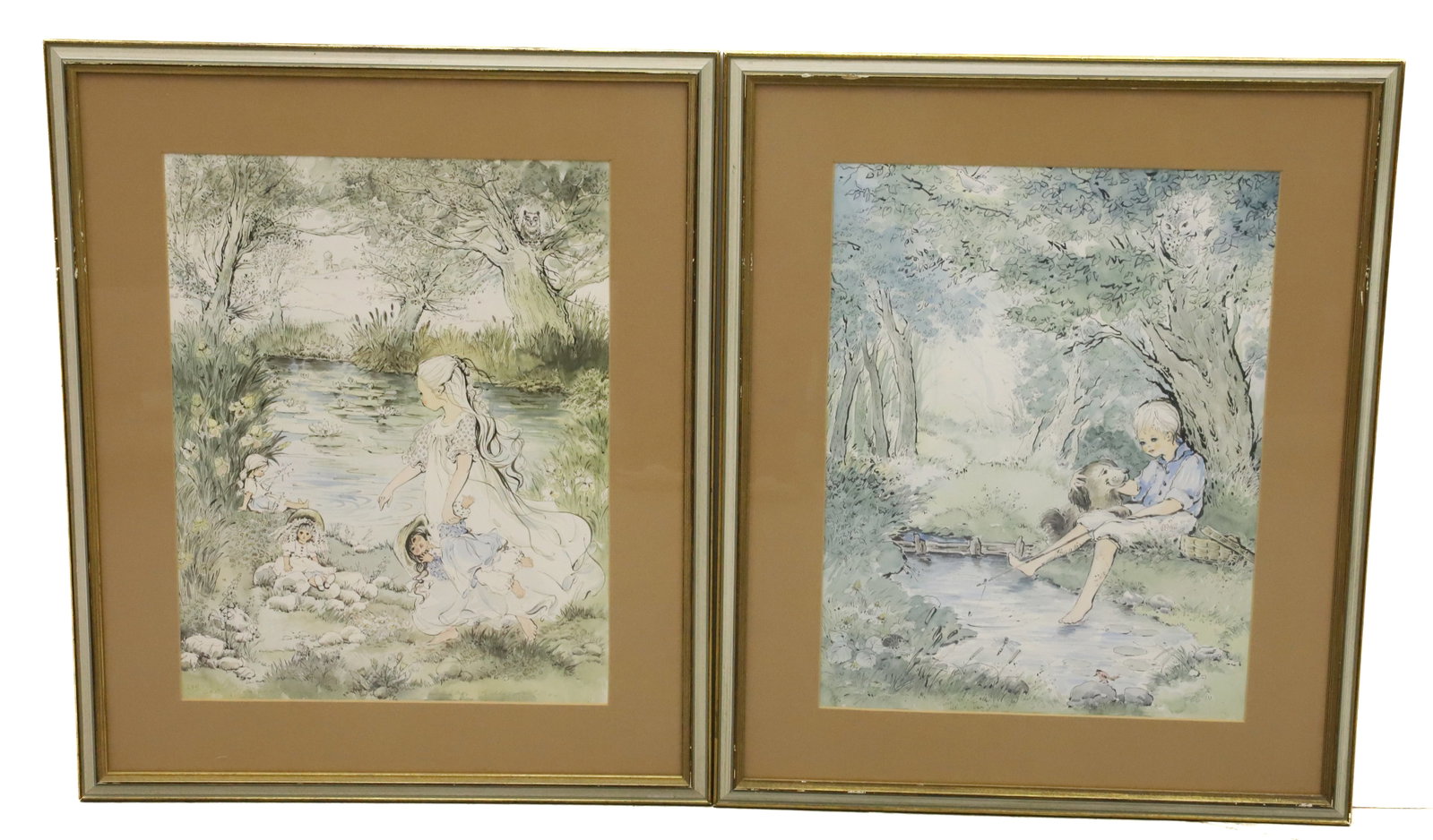 PAIR OF SGND/NUMBERED PRINTS: CHILD WITH DOLLS AND CHILD WITH DOG. NUMBERED/SGND. BOTTOM. MATTED AND FRAMED. TOTAL SIZE 22" X 18 1/2". PLEASE READ CAREFULLY - Terms for Purchasing and Shipping of Auction Items. Please read careful