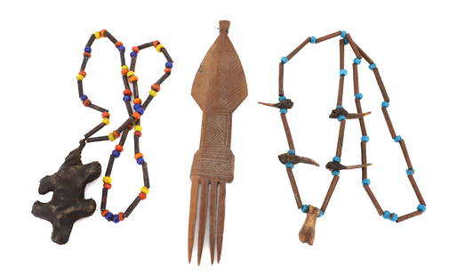 (2) BEADWORK NECKLACES AND HAIR COMB: GLASS BEADS, COPPER TUBES, TEETH NECKLACES (ONE WITH RATTLE). 20" L. PLUS, CARVED WOODEN HAIR COMB. 11". PLEASE READ CAREFULLY BEFORE BIDDING. ALL PAYMENTS MUST BE MADE BEFORE ITEMS CAN BE SHIPPED. BU