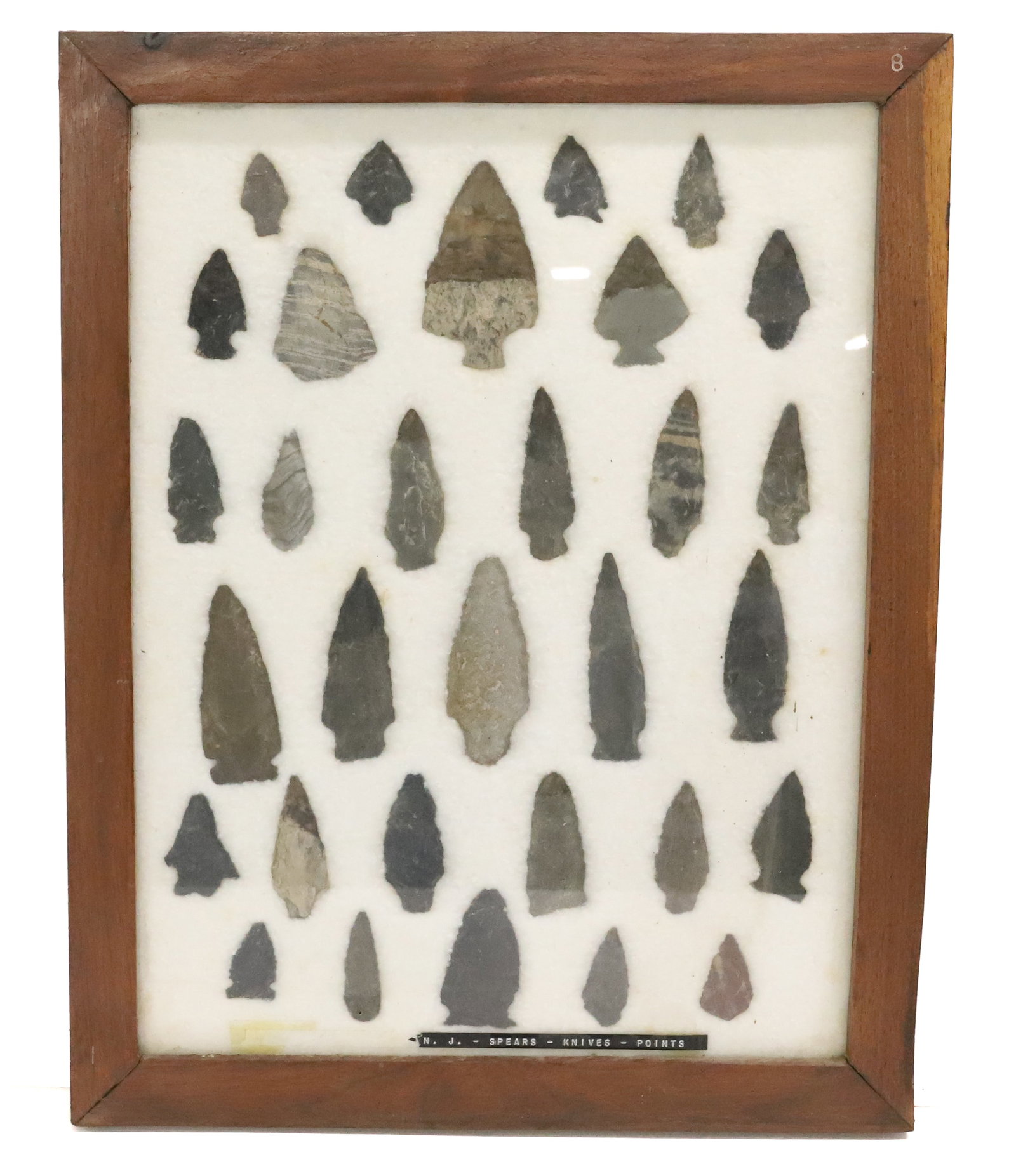 FRAMED COLLECTION OF NATIVE AMERICAN ARTIFACTS, NEW JERSEY: IDENTIFIED RACE FARM, NJ SPEARS, KNIVES, POINTS. 3 3/8" LARGEST. PLEASE READ CAREFULLY BEFORE BIDDING. ALL PAYMENTS MUST BE MADE BEFORE ITEMS CAN BE SHIPPED. BUYERS CAN PAY VIA LIVE AUCTIONEERS PAYMEN