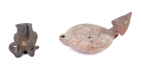 TERRACOTTA OIL LAMP AND FIGURE
