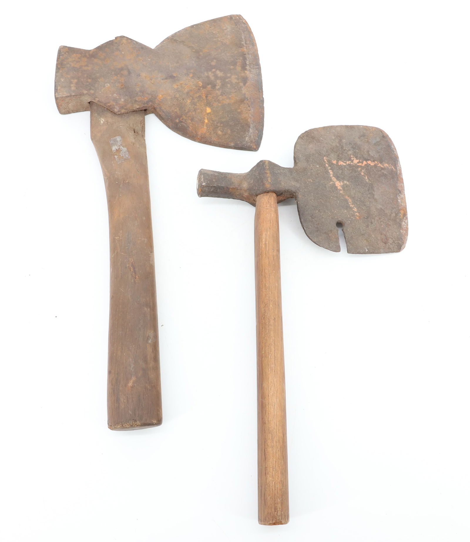 BROAD AXE AND HONING AXE: BROAD AXE 7 1/2" X 6" BLADE. UNUSUAL AXE 4 7/8" X 7 1/8". PLEASE READ CAREFULLY BEFORE BIDDING. ALL PAYMENTS MUST BE MADE BEFORE ITEMS CAN BE SHIPPED. BUYERS CAN PAY VIA LIVE AUCTIONEERS PAYMENT CENTE