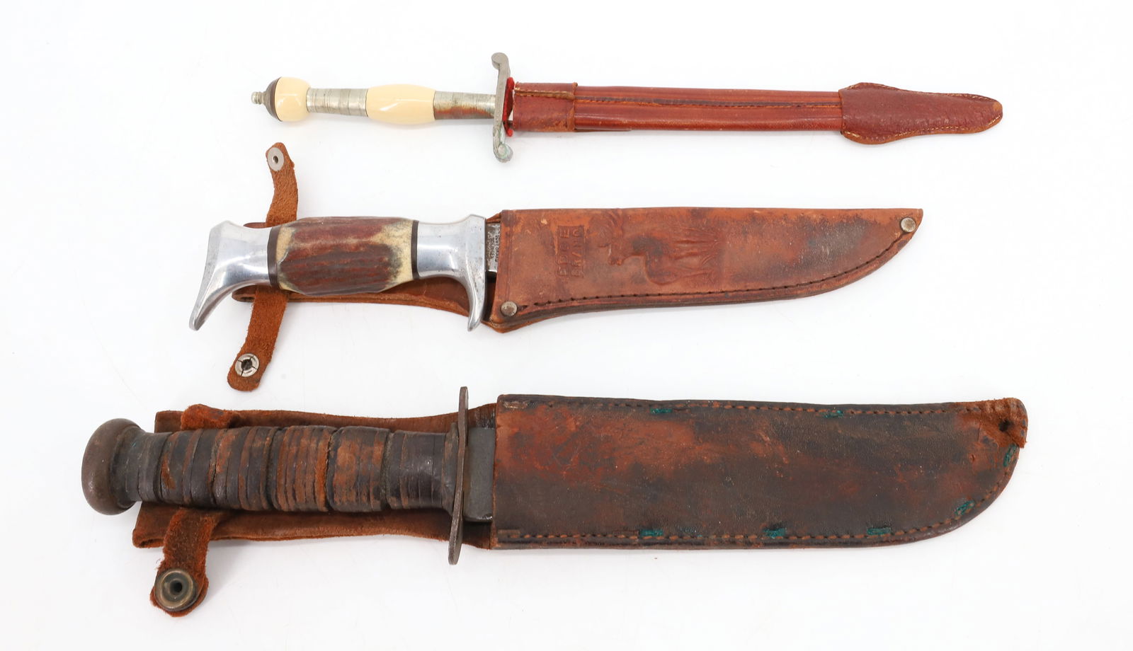 LOT OF (3) KNIVES: INCLUDING: KA-BAR WITH SHEATH (BLADE 7"), EDGE BRAND (SOLINGEN) BLADE 6" AND "HIGH LIFE" DAGGER 11 1/2" TOTAL LENGTH. PLEASE READ CAREFULLY BEFORE BIDDING. ALL PAYMENTS MUST BE MADE BEFORE ITEMS CAN B