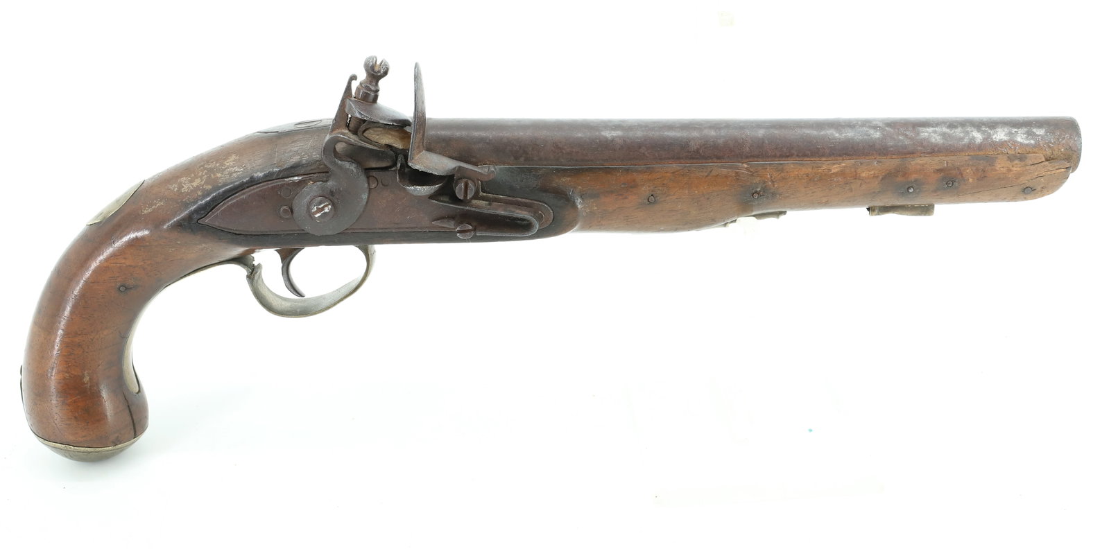 ANTIQUE FLINTLOCK PISTOL: BRASS, WOOD AND IRON. MRKD. FAINTLY ON LOCK. 14" L. PLEASE READ CAREFULLY BEFORE BIDDING. ALL PAYMENTS MUST BE MADE BEFORE ITEMS CAN BE SHIPPED. BUYERS CAN PAY VIA LIVE AUCTIONEERS PAYMENT CENTER IF H