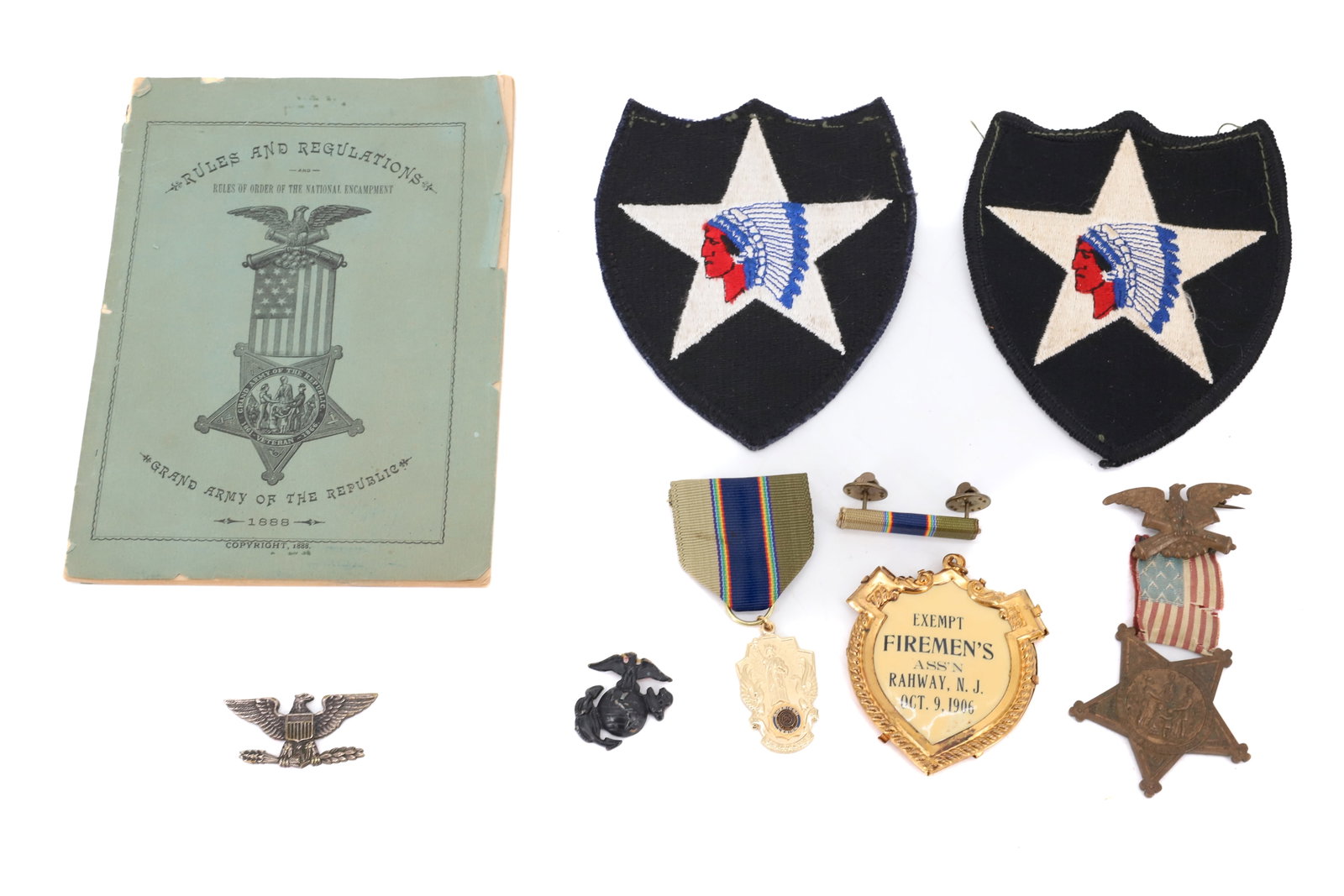 LOT OF PATCHES AND COMMEMORATIVE MEDALS: INCLUDING: TWO WWII PATCHES 4 1/4", AMERICAN LEGION MEDAL/BAR, 1906 CELLULOID FIREMEN'S ASSOCIATION 1906, GRAND ARMY OF THE REPUBLIC MEDAL AND 1888 PAMPHLET. PLEASE READ CAREFULLY BEFORE BIDDING. ALL 