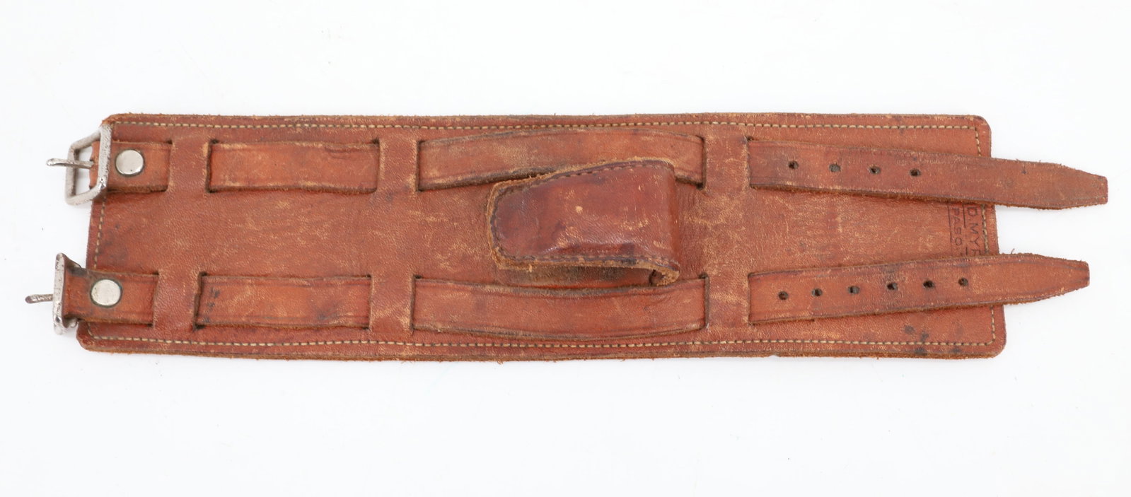 S. D. MYRES, EL PASO WRIST HOLDER: LEATHER WRIST STRAP, HAND TOOLED LEATHER - 9 1/2" L PLEASE READ CAREFULLY BEFORE BIDDING. ALL PAYMENTS MUST BE MADE BEFORE ITEMS CAN BE SHIPPED. BUYERS CAN PAY VIA LIVE AUCTIONEERS PAYMENT CENTER IF H