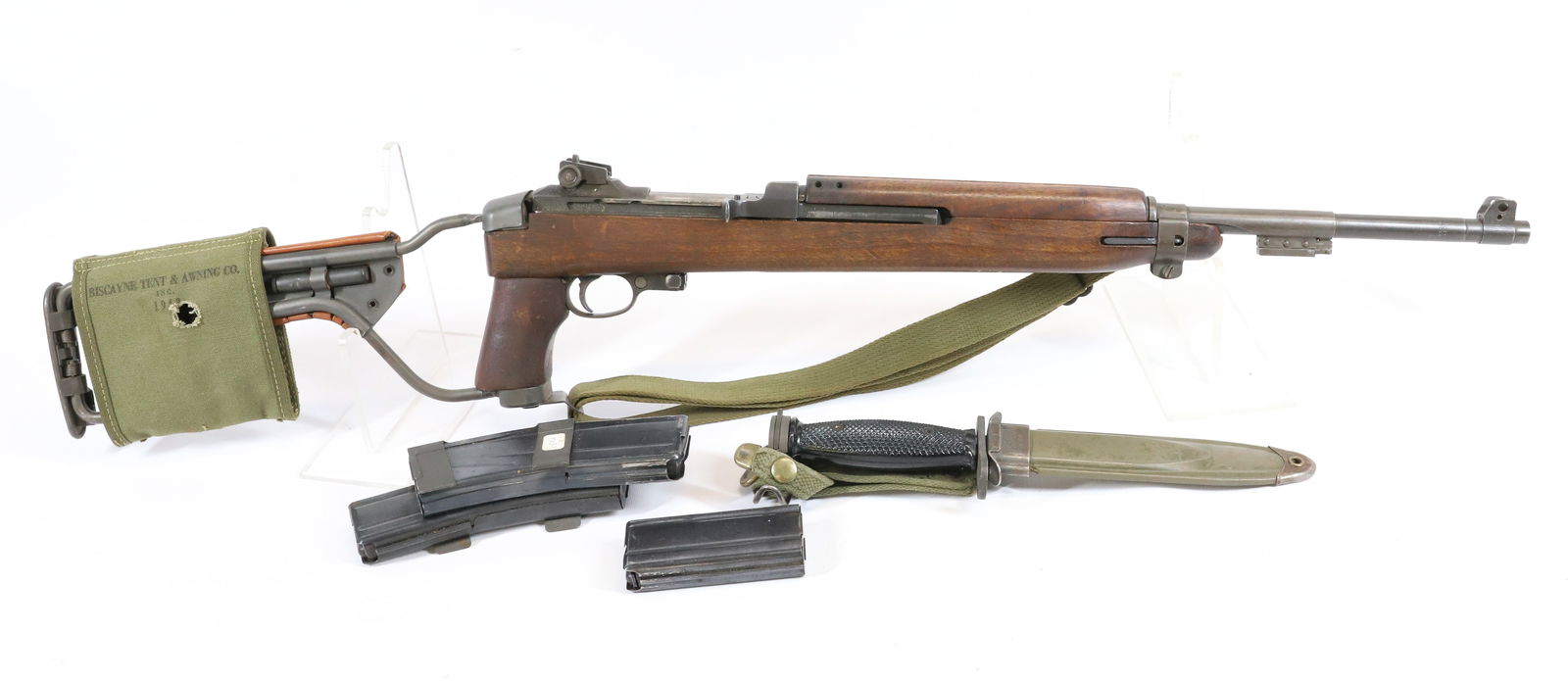 U.S. M1 CARBINE, INLAND DIVISION: 30 CAL, SERIAL# 5328229, COLLAPSIBLE STOCK - PAINTED NUMBER ON STOCK - WITH BAYONET, AND (4) CLIPS THIS GUN REQUIRES A BACKGROUND CHECK, FEDERAL FIREARMS LICENSE. OR TRANSFER TO AN FFL HOLDER PLEASE R