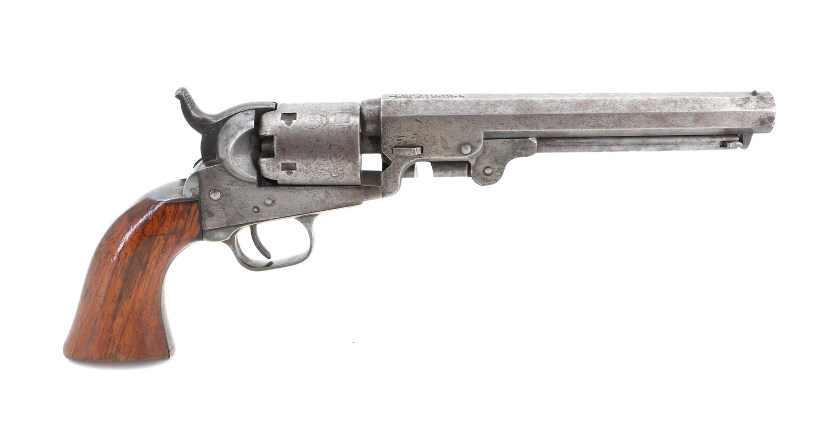 COLT MODEL 1849 POCKET REVOLVER: 31 CAL, SERIAL# 42346, 6" BARREL, STAGECOACH SCENE ON CYLINDER - MATCHING NUMBERS AND LEATHER HOLSTER ANTIQUE OR BLACK POWDER, NO REGISTRATION OR TRANSFER REQUIRED PLEASE READ CAREFULLY BEFORE BIDDING