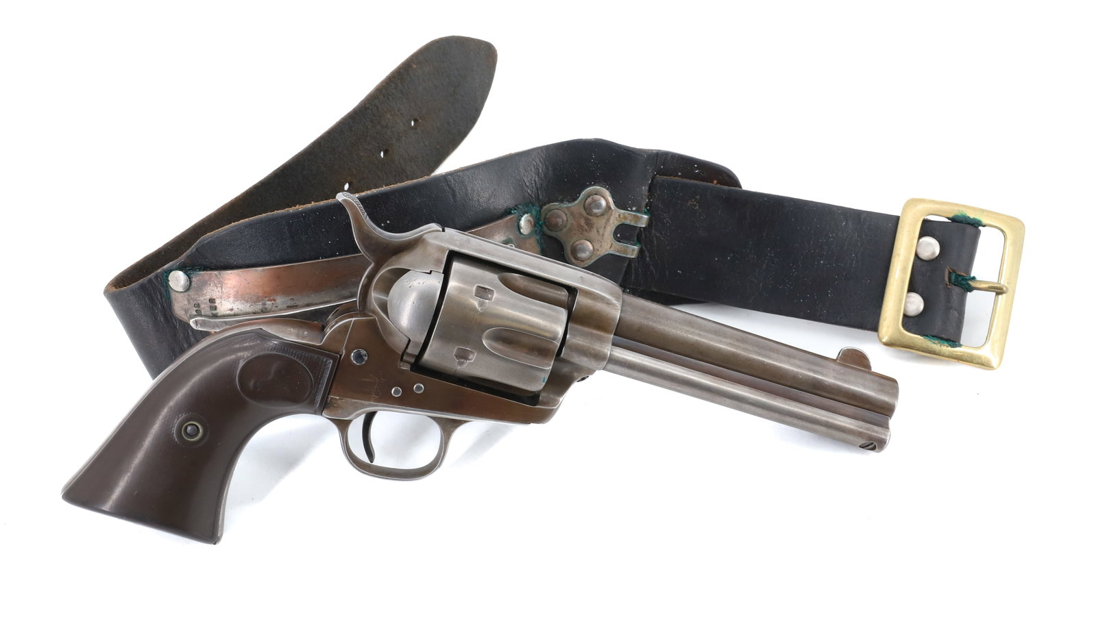 COLT SAA FRONTIER SIX SHOOTER REVOLVER: 45 CAL, SERIAL# 155892, 4 3/4" BARREL, MATCHING NUMBERS, WITH VINTAGE BELT HOLSTER, MARKED; 60 OVER CP ON GRIP ANTIQUE OR BLACK POWDER, NO REGISTRATION OR TRANSFER REQUIRED PLEASE READ CAREFULLY BEFOR