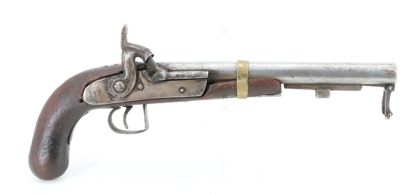 ANTIQUE PERCUSSION PISTOL: 52 CAL, SERIAL# NA, UNMARKED, EARLY PERCUSSION 15" OVERALL LENGTH ANTIQUE OR BLACK POWDER, NO REGISTRATION OR TRANSFER REQUIRED PLEASE READ CAREFULLY BEFORE BIDDING. ALL PAYMENTS MUST BE MADE BEFORE I