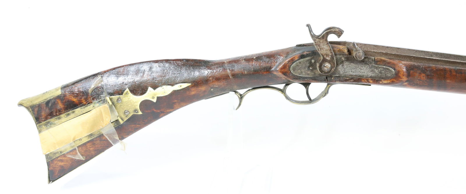 JOS H. GOLCHER PERCUSSION RIFLE: FIGURED MAPLE STOCK WITH MAKE-DO REPAIRS AND BARREL HOLDERS - 54 CAL MUZZLELOADER - 53" OVERALL LENGTH ANTIQUE OR BLACK POWDER, NO REGISTRATION OR TRANSFER REQUIRED PLEASE READ CAREFULLY BEFORE BIDDIN