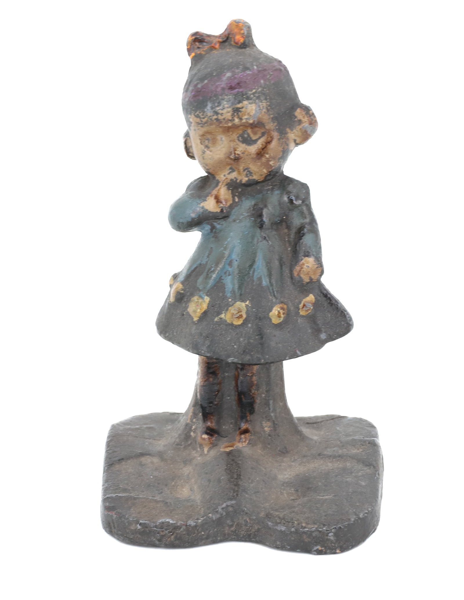 CAST IRON DOORSTOP OF YOUNG GIRL: YOUNG GIRL IN BLUE DRESS WITH RED BOW - 5 1/4" H PLEASE READ CAREFULLY - Terms for Purchasing and Shipping of Auction Items. Please read carefully before bidding. All payments for purchases will be ma