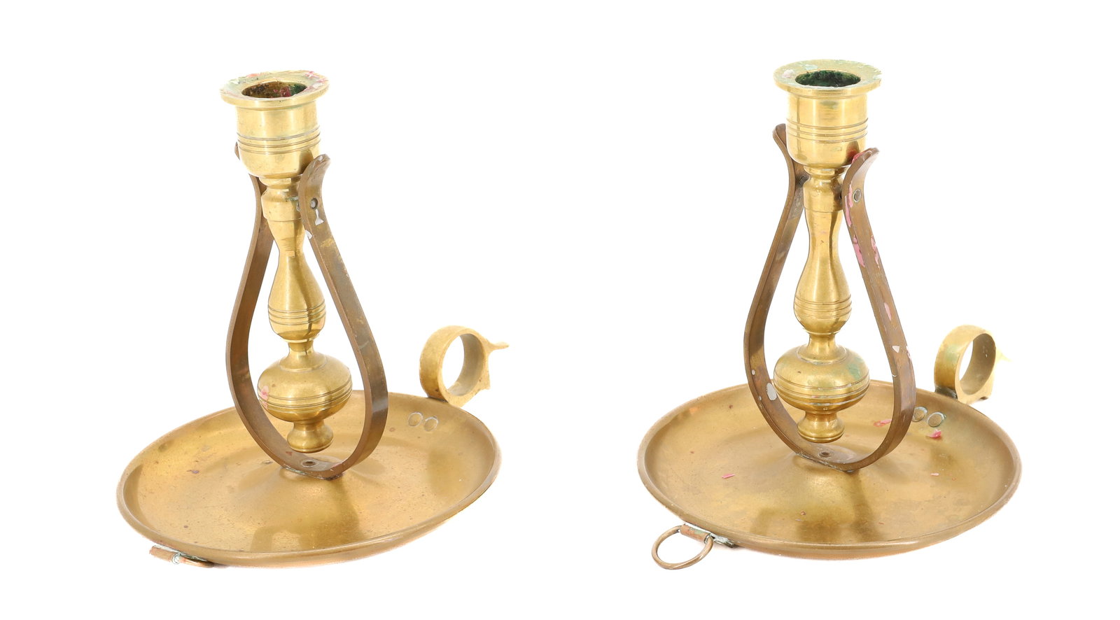PAIR OF BRASS CANDLESTICKS : BRASS SAUCERS WITH PIVOTING HOLDER CUPS, 6 1/4" H PLEASE READ CAREFULLY - Terms for Purchasing and Shipping of Auction Items. Please read carefully before bidding. All payments for purchases will be m