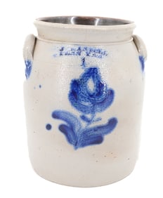 BLUE DECORATED STONEWARE CROCK 