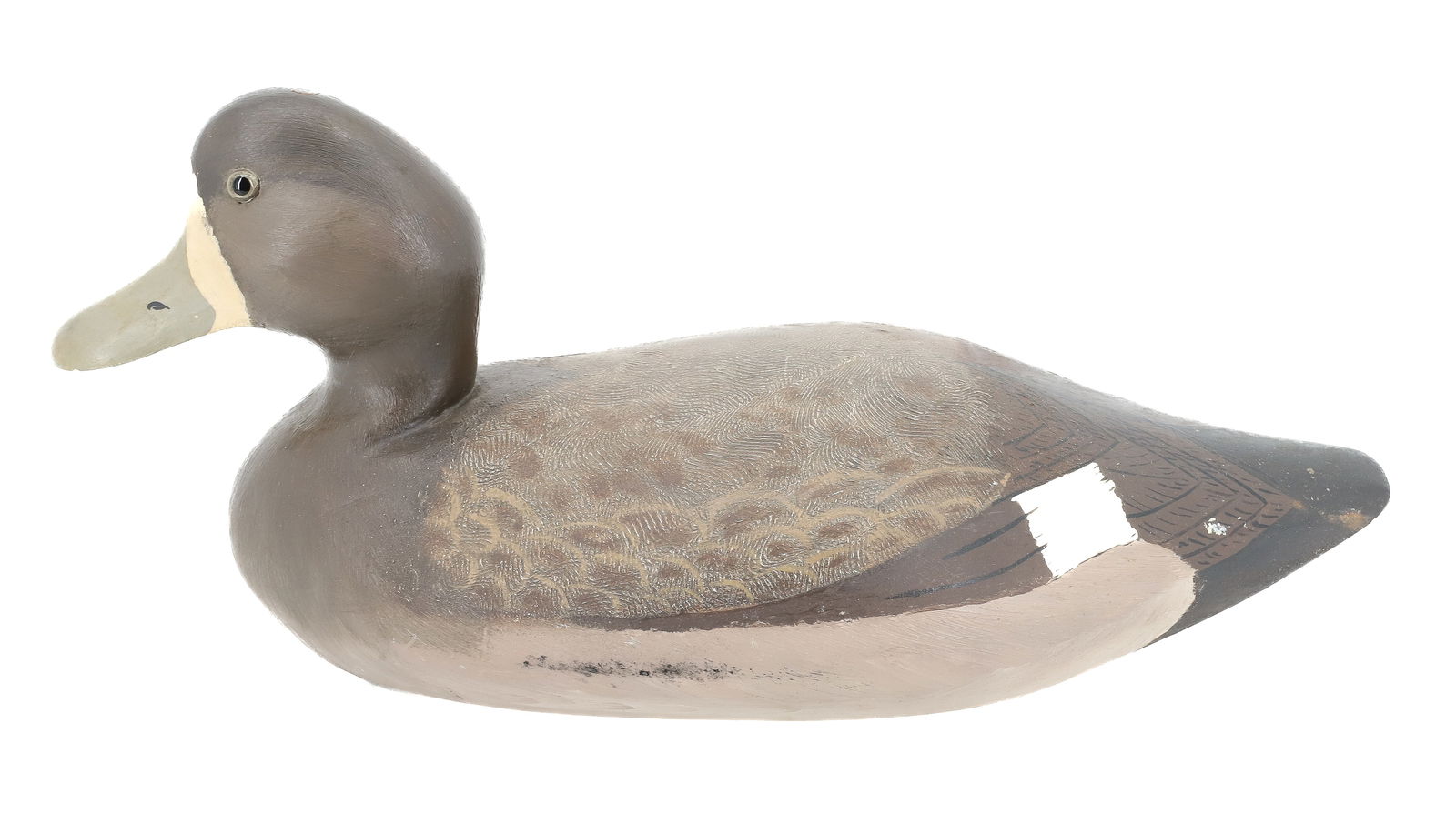 CARVED AND PAINTED WOODEN DUCK DECOY: HEN BLUEBILL, DTM ON BOTTOM, WITH GLASS EYES - 14" L PLEASE READ CAREFULLY - Terms for Purchasing and Shipping of Auction Items. Please read carefully before bidding. All payments for purchases will b