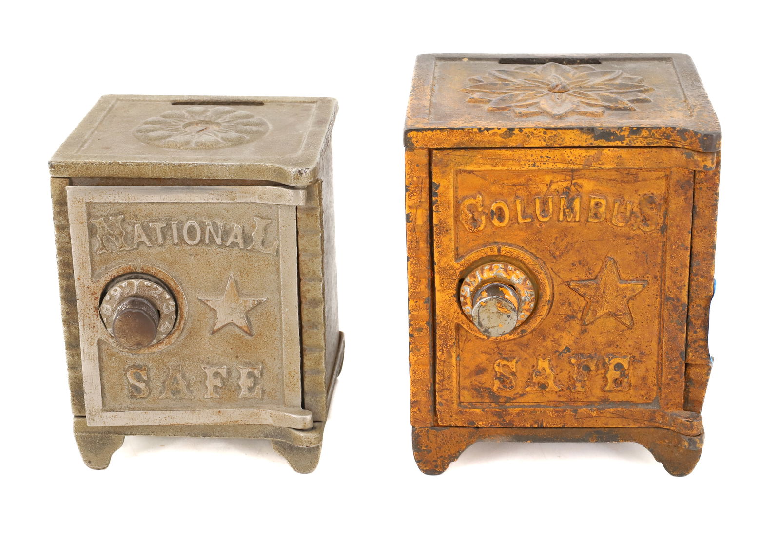 (2) CAST IRON AND TIN SAFE BANKS (1 of 6)