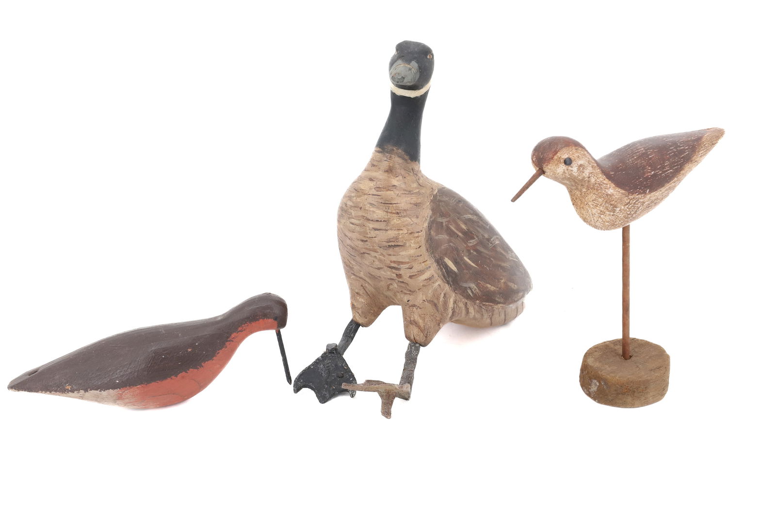 (3) CARVED AND PAINTED SHORE BIRDS : SMALLEST ON DISPLAY STAND WITH SIGNATURE - 6 3/4" L, WOODCOCK IS 7"L, UNSIGNED - CANADIAN GOOSE 9" L PLEASE READ CAREFULLY - Terms for Purchasing and Shipping of Auction Items. Please read carefully b