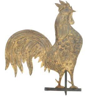 19TH C. GILT COPPER ROOSTER WEATHERVANE: GILT SURFACE ON HOLLOW BODY ROOSTER. SHEET COPPER TAIL. 22" X 19". PLEASE READ CAREFULLY - Terms for Purchasing and Shipping of Auction Items. Please read carefully before bidding. All payments for pu