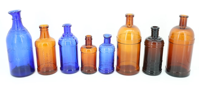 LOT OF AMBER AND COBALT INK BOTTLES
