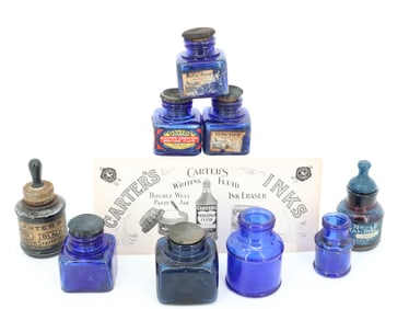 LOT OF COBALT INK BOTTLES