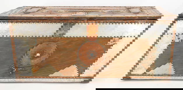 FOLK ART DECORATED BOX: BRASS, COPPER, ALUMINUM ON WOOD. HINGED LID WITH DROP HANDLES. MRKD. NEW YORK (JORK), 1924 WITH VARIOUS LODGE RELATED SYMBOLS. 21 1/4" L. PLEASE READ CAREFULLY - Terms for Purchasing and Shipping of A