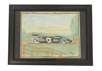 CRAYON AND INK ON PAPER OF ART DECO AUTOMOBILE