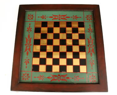 REVERSE PAINTED GAME BOARD: GREEN/RED/BLACK/GOLD IN WOODEN FRAMEWORK. 17" X 17 1/2". PLEASE READ CAREFULLY - Terms for Purchasing and Shipping of Auction Items. Please read carefully before bidding. All payments for purchases wi