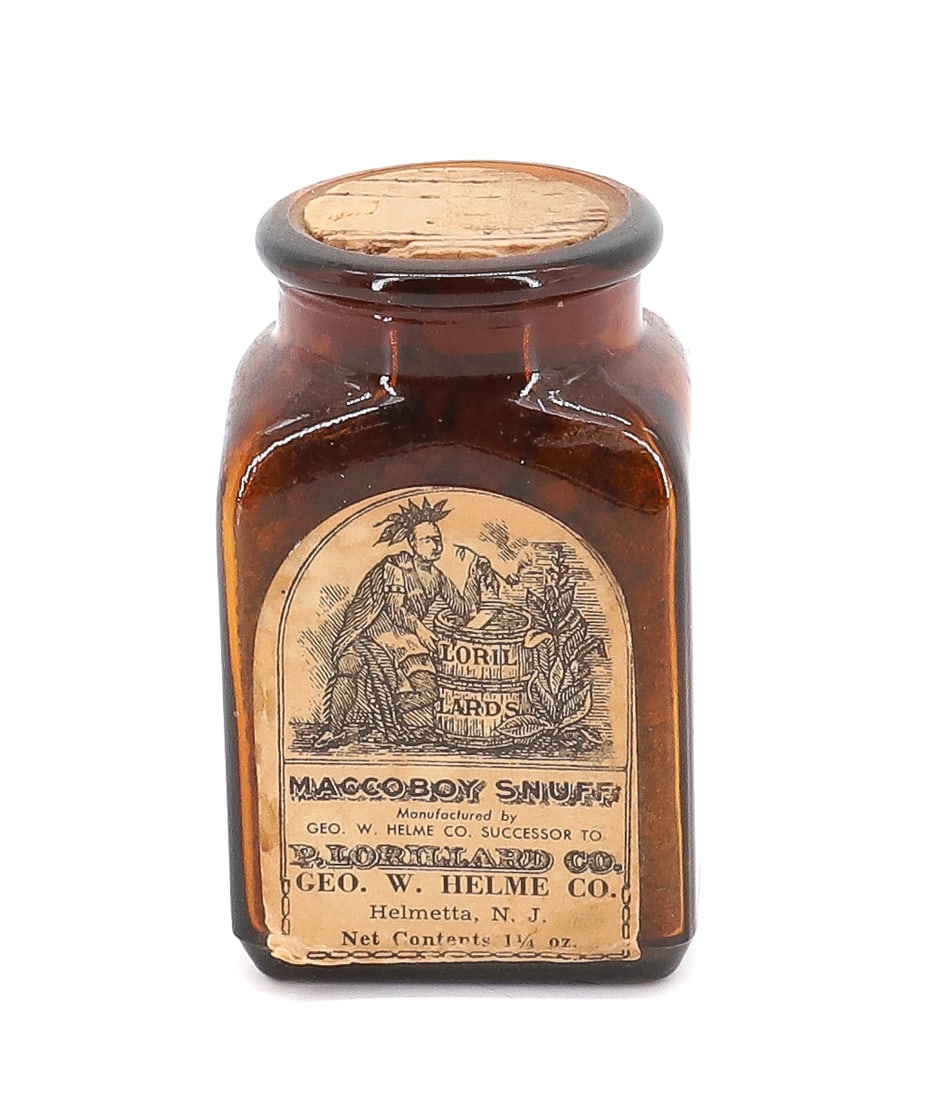 MACCOBOY SNUFF BOTTLE, HELMETTA, NJ: ORIGINAL PAPER LABEL ON AMBER BOTTLE. 2 3/4" H. PLEASE READ CAREFULLY - Terms for Purchasing and Shipping of Auction Items. Please read carefully before bidding. All payments for purchases will be mad