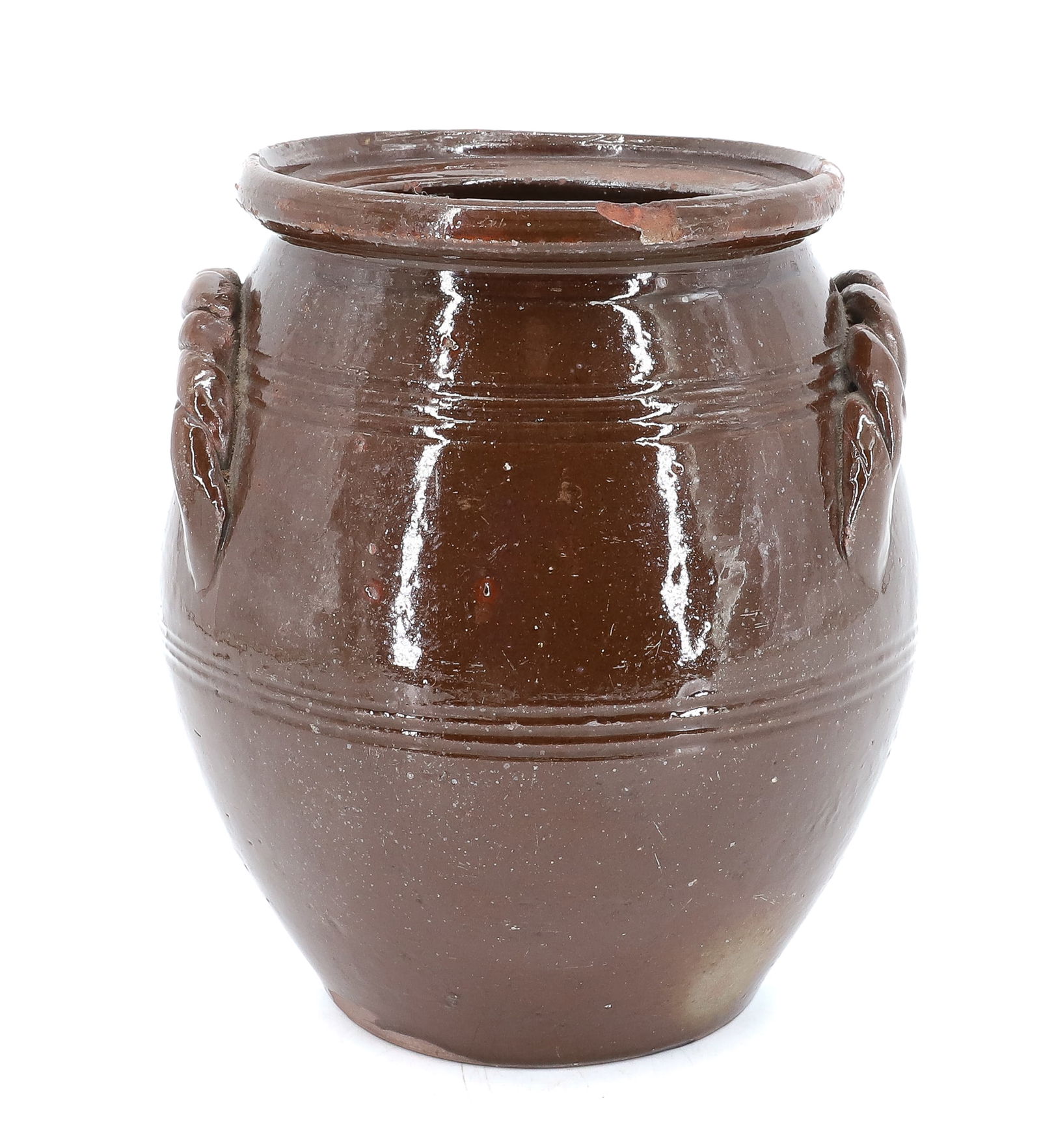 REDWARE JAR WITH BRAIDED LUG HANDLES: BROWN GLAZE WITH INCISED LINES, BRAIDED LUG HANDLES ON EITHER SIDE. 6 3/4" H. PLEASE READ CAREFULLY - Terms for Purchasing and Shipping of Auction Items. Please read carefully before bidding. All paym