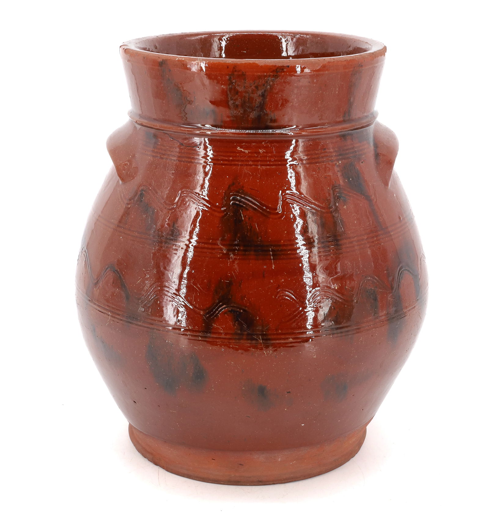 REDWARE POTTERY OVOID JAR: DARK ORANGE GLAZE WITH INCISED WAVY LINES AND BROWN SPLOTCHING. 11" H. PLEASE READ CAREFULLY - Terms for Purchasing and Shipping of Auction Items. Please read carefully before bidding. All payments fo