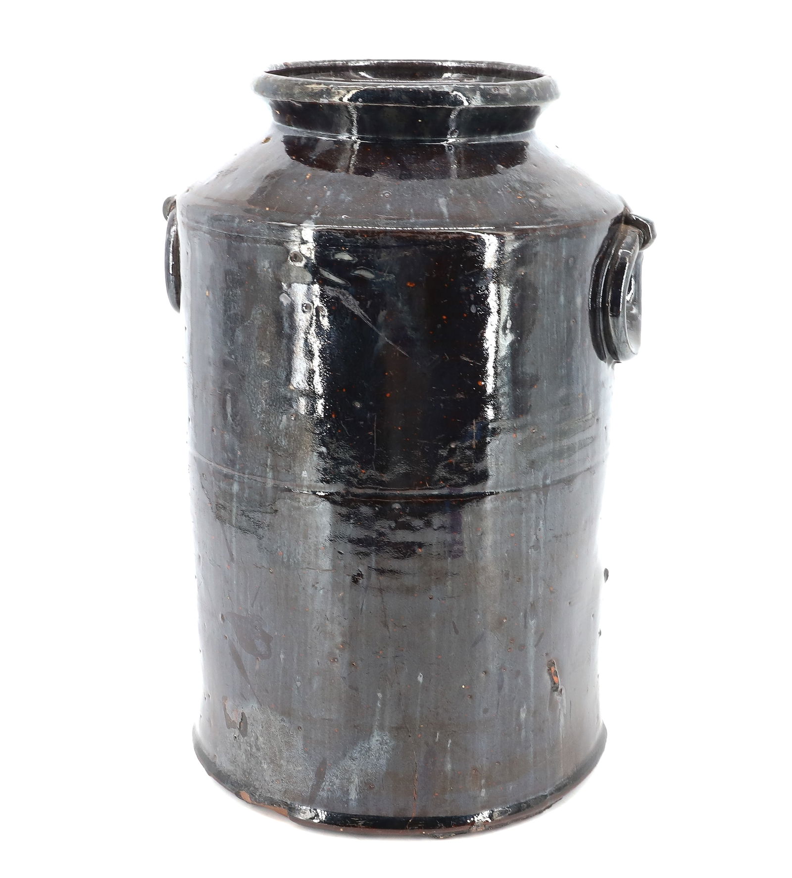 REDWARE POTTERY JAR WITH MOLDED "RING" HANDLES: DARK GLAZE ON CYLINDRICAL BODY. MOLDED RINGS APPLIED TO EITHER SIDE. 12 3/8" H. PLEASE READ CAREFULLY - Terms for Purchasing and Shipping of Auction Items. Please read carefully before bidding. All pa