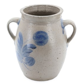 BLUE DECORATED HANDLED CROCK 