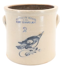 TWO GALLON BLUE DECORATED CROCK 