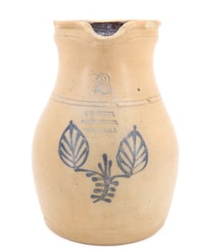 TWO GALLON BLUE DECORATED PITCHER