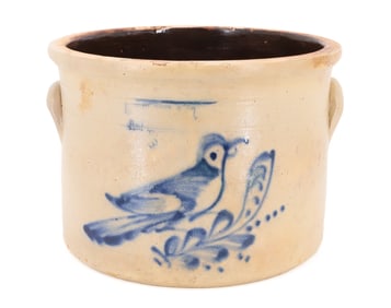 BLUE DECORATED STONEWARE BIRD CROCK