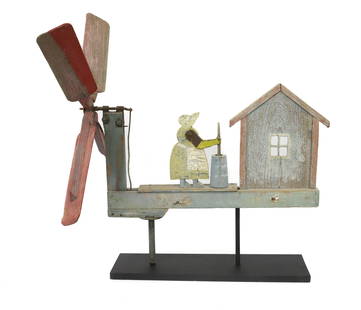 FOLK ART WHIRLIGIG : PAINTED WOOD WITH WOMAN CHURNING BUTTER, WORKING ORDER - MOUNTED ON CONTEMPORARY DISPLAY STAND, 25" X 29" PLEASE READ CAREFULLY - Terms for Purchasing and Shipping of Auction Items. Please read carefu