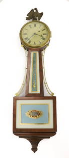 SIMON WILLARD, BOSTON MASS. BANJO CLOCK: REVERSE PAINTED GLASS. EAGLE FINIAL ON TOP. KEY WIND SPRING. PAINTED METAL FACE. 38" L. PLEASE READ CAREFULLY - Terms for Purchasing and Shipping of Auction Items. Please read carefully before bidding