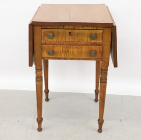 19TH CENTURY TIGER MAPLE DROP LEAF WORK TABLE 