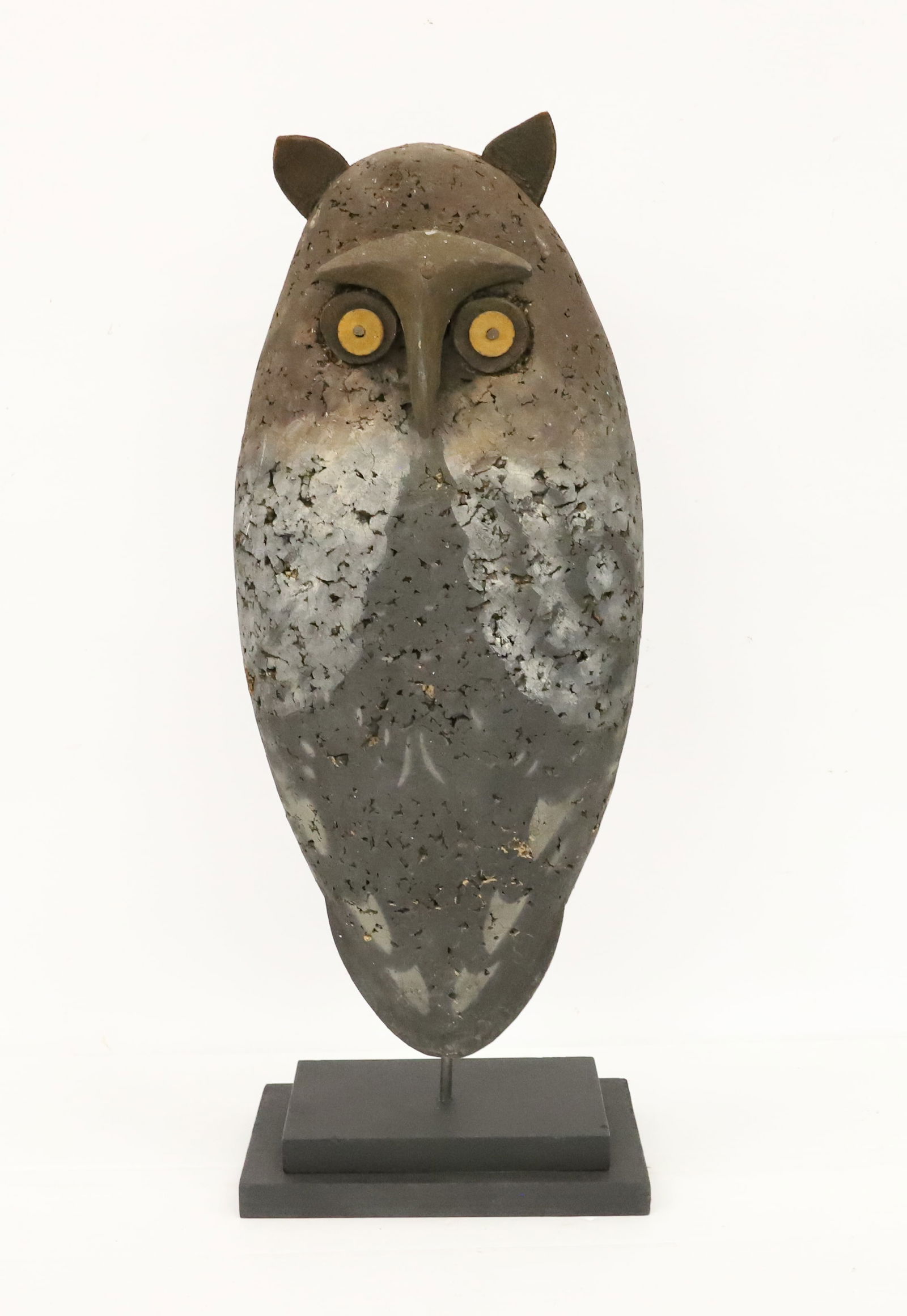 FOLK ART OWL DECOY: CORK DUCK DECOY CONVERTED TO OWL. 18" L. DISPLAYED ON CONTEMPORARY BASE. PLEASE READ CAREFULLY - Terms for Purchasing and Shipping of Auction Items. Please read carefully before bidding. All payments