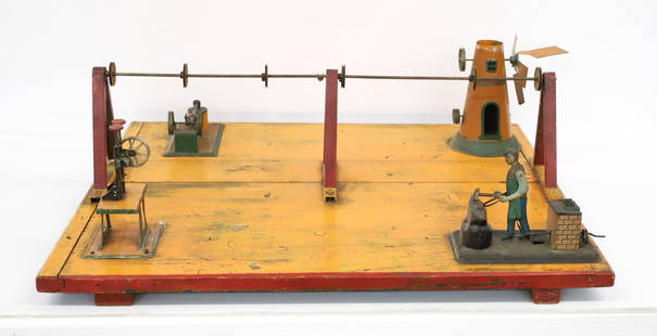 TIN LITHO STEAM TOY ACCESSORIES: (4) TOYS MOUNTED ON WOODEN BOARD. BLACKSMITH, WINDMILL AND MORE. 25 3/4" X 23". PLEASE READ CAREFULLY - Terms for Purchasing and Shipping of Auction Items. Please read carefully before bidding. All pa