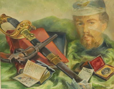 RUTH NIELSSEN OIL ON BOARD: DEPICTS CIVIL WAR SOLDIER, SWORD, JOURNAL, DAGUERREOTYPE AND MORE. SGND/DATED 1961 BOTTOM RIGHT. TOTAL SIZE 22" X 27". PLEASE READ CAREFULLY - Terms for Purchasing and Shipping of Auction Items. Pleas