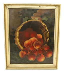 APPLES SPILLING FROM BASKET OIL ON CANVAS